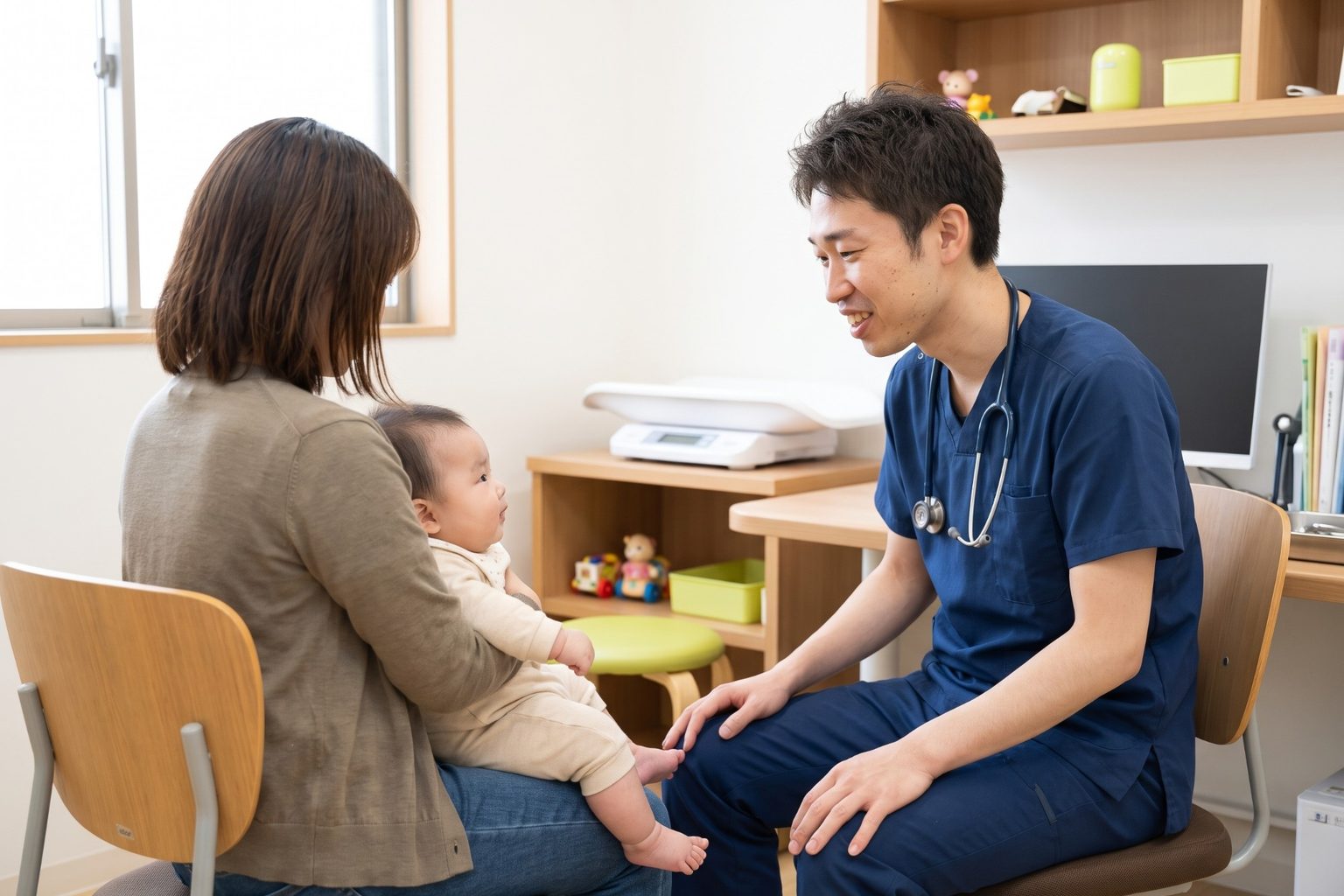 乳児健診で医師が赤ちゃんと母親に話しかけるようす