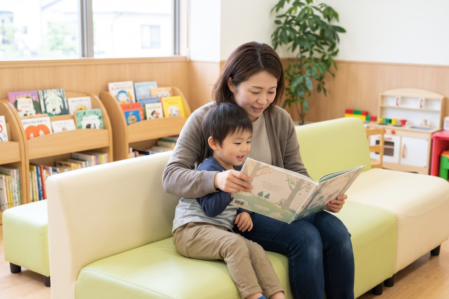 待合室で親子が絵本を読むようす