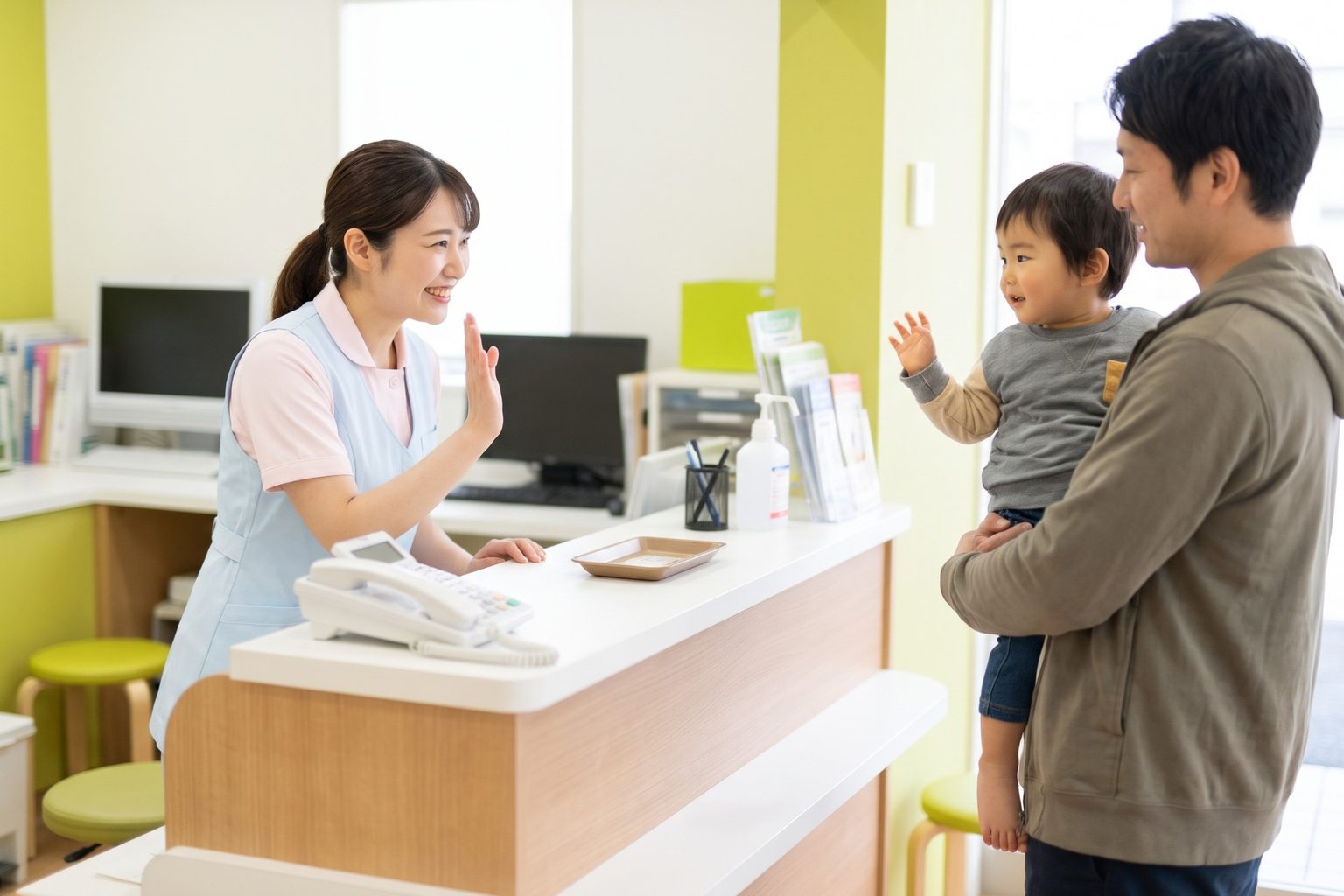受付のスタッフが子どもに笑顔で手を振るようす